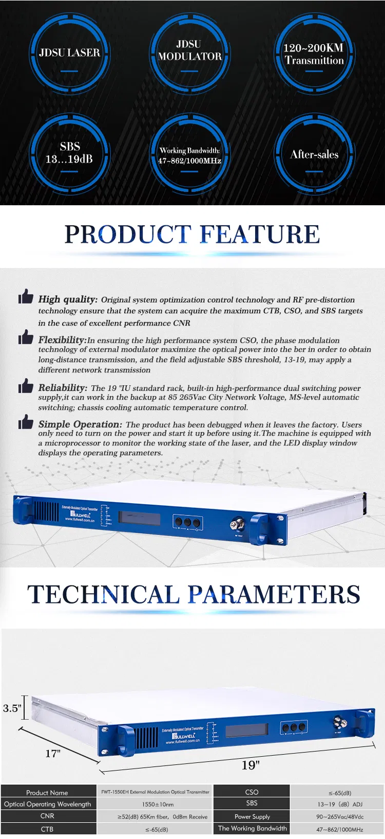 External Transmitter C-Band Tunable Wavelength: 1528~1563nm Adj. Filber Optical Transmitter (FWT-1550EA-2X7)
